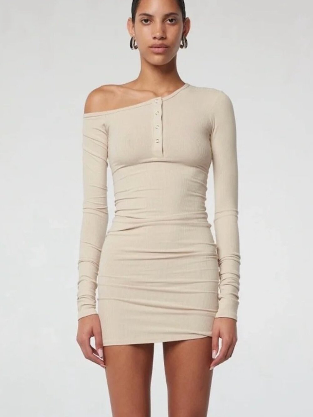 BLACK - Line by K Rori Dress - Henley Ribbed Long Sleeve Asymmetrical Neck XS